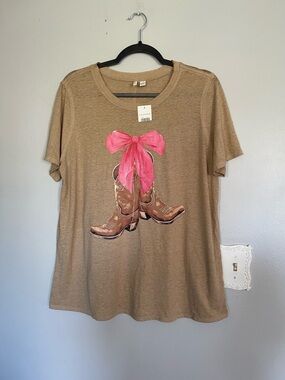 Cato Tan Short Sleeve Tee with Cowboy Boots and Pink Bow Graphic